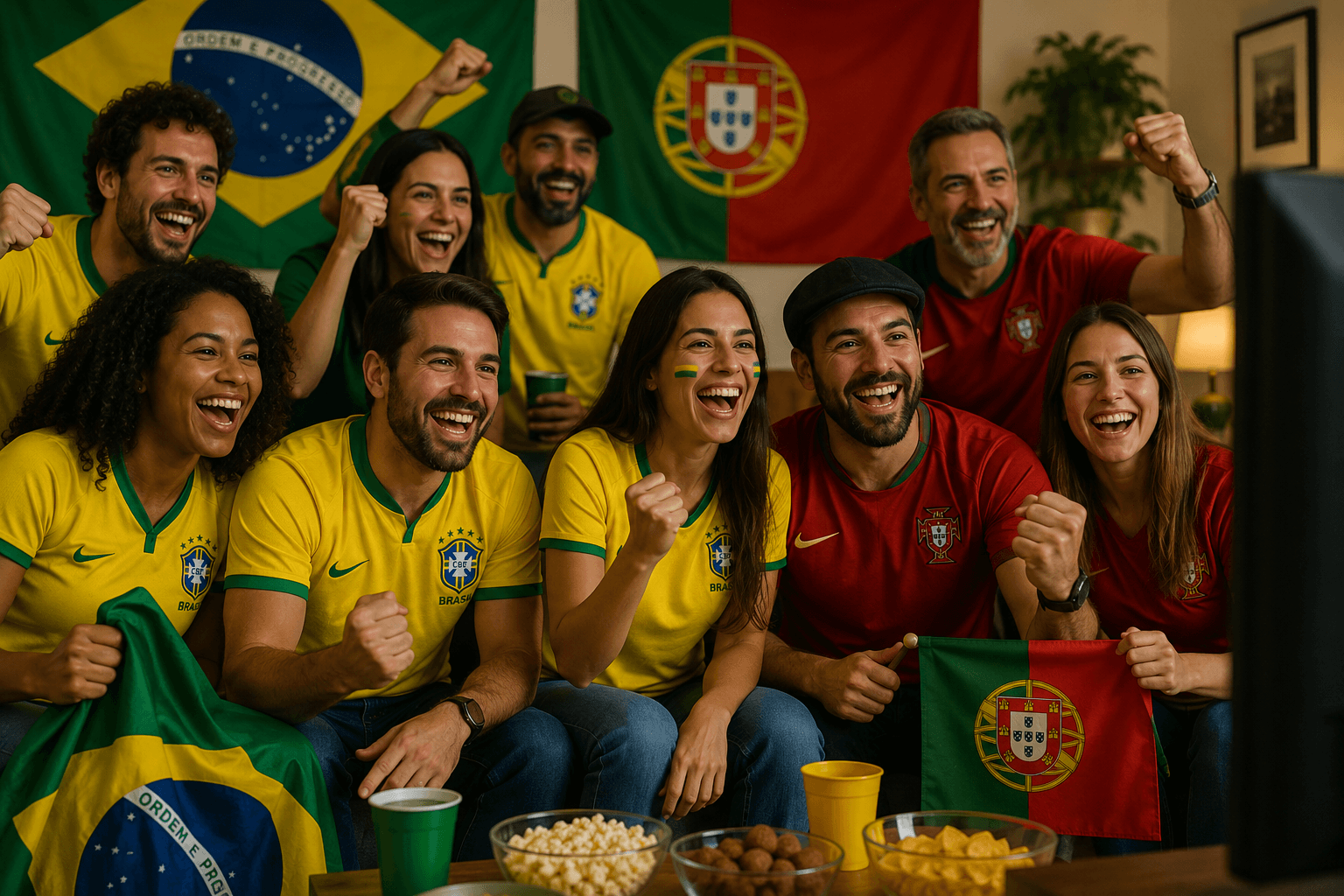 Brasileiros e portugueses reunidos em um ambiente de comunidade com bandeiras do Brasil e de Portugal.