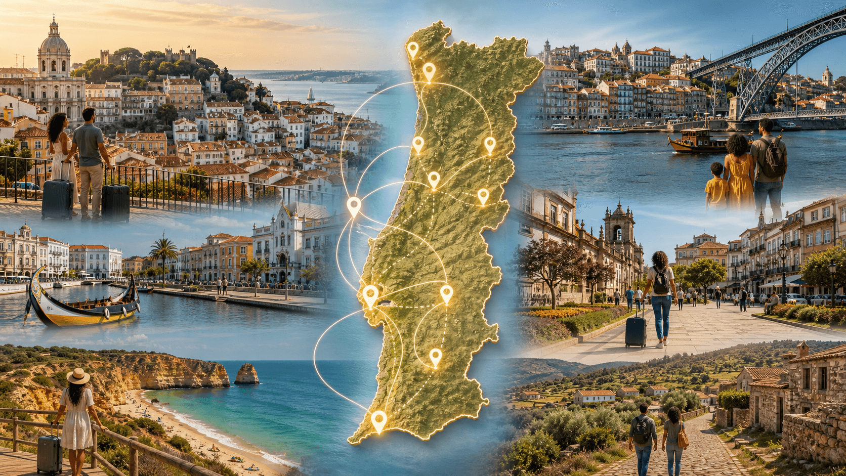 Mapa estilizado de Portugal com destaques em Lisboa, Porto, Algarve, Braga, Aveiro, Leiria, Coimbra e Setúbal, representando onde vivem brasileiros em Portugal.